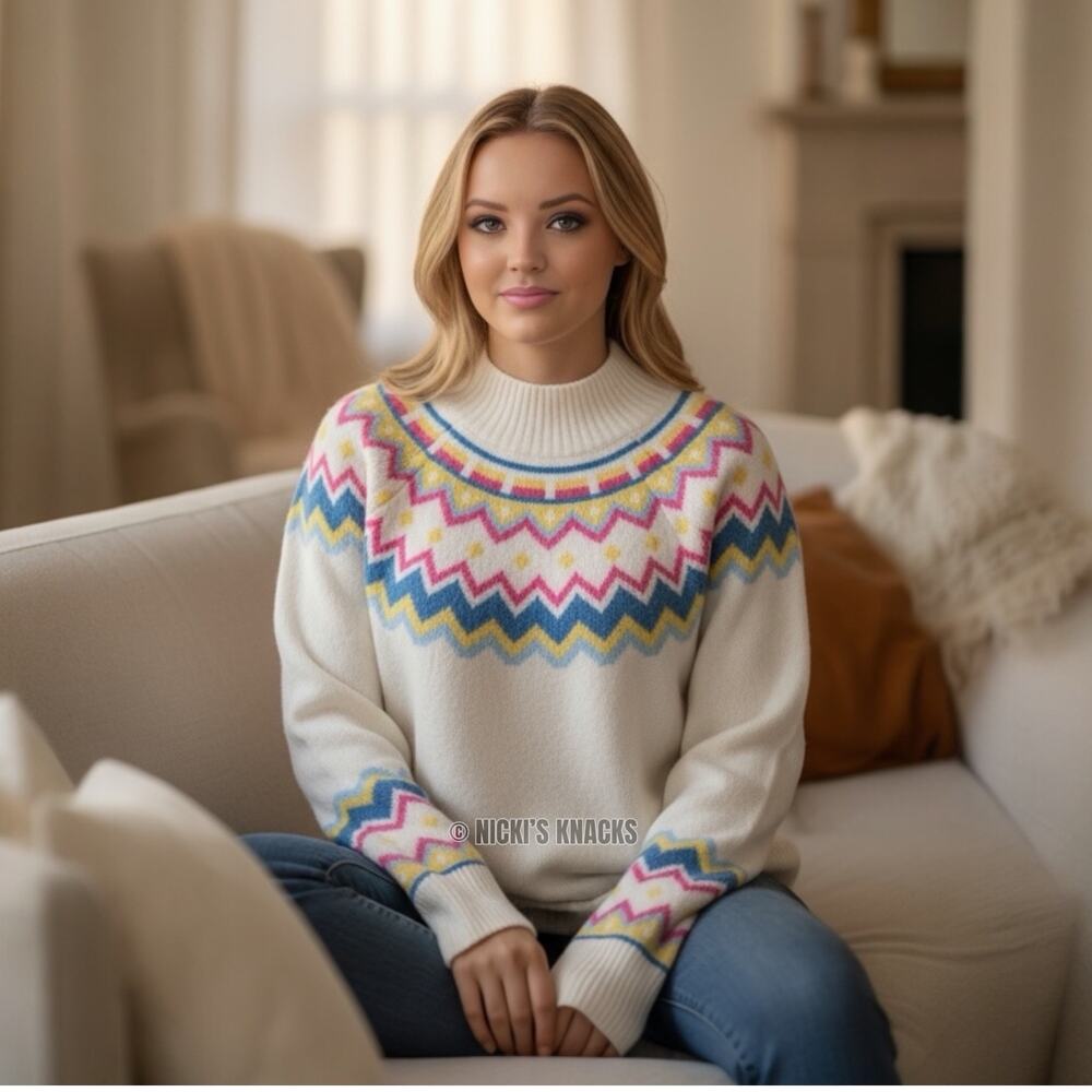 Vince Camuto Fair Isle Mock Neck Sweater Cream Multicolor Knit Pullover Size S